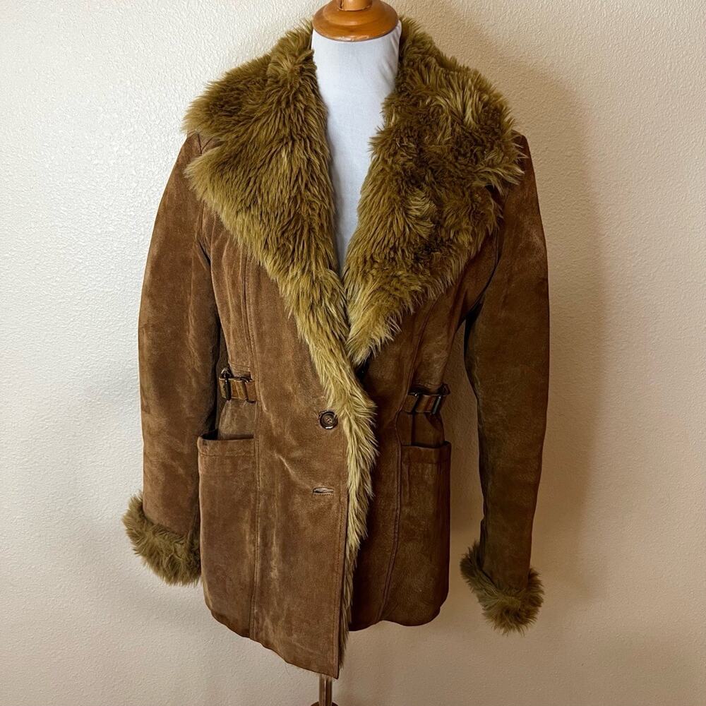 Donatella Sport Womens Tan 3 In 1 Suede Faux Fur Trim Penny Lane Coat SMALL